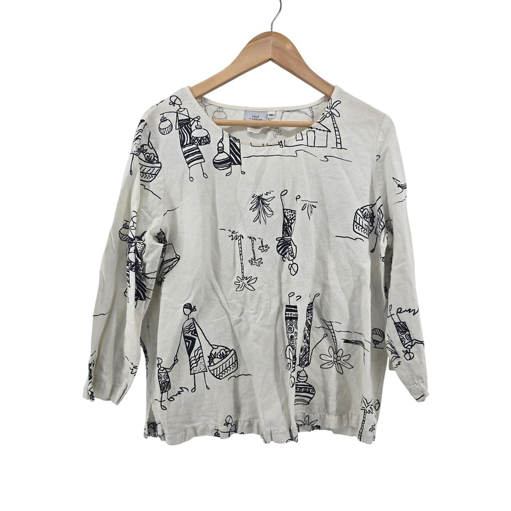 Hot Cotton Blouse Womens XL Cream Linen Blend Novelty Tribal Print 3/4 Sleeve